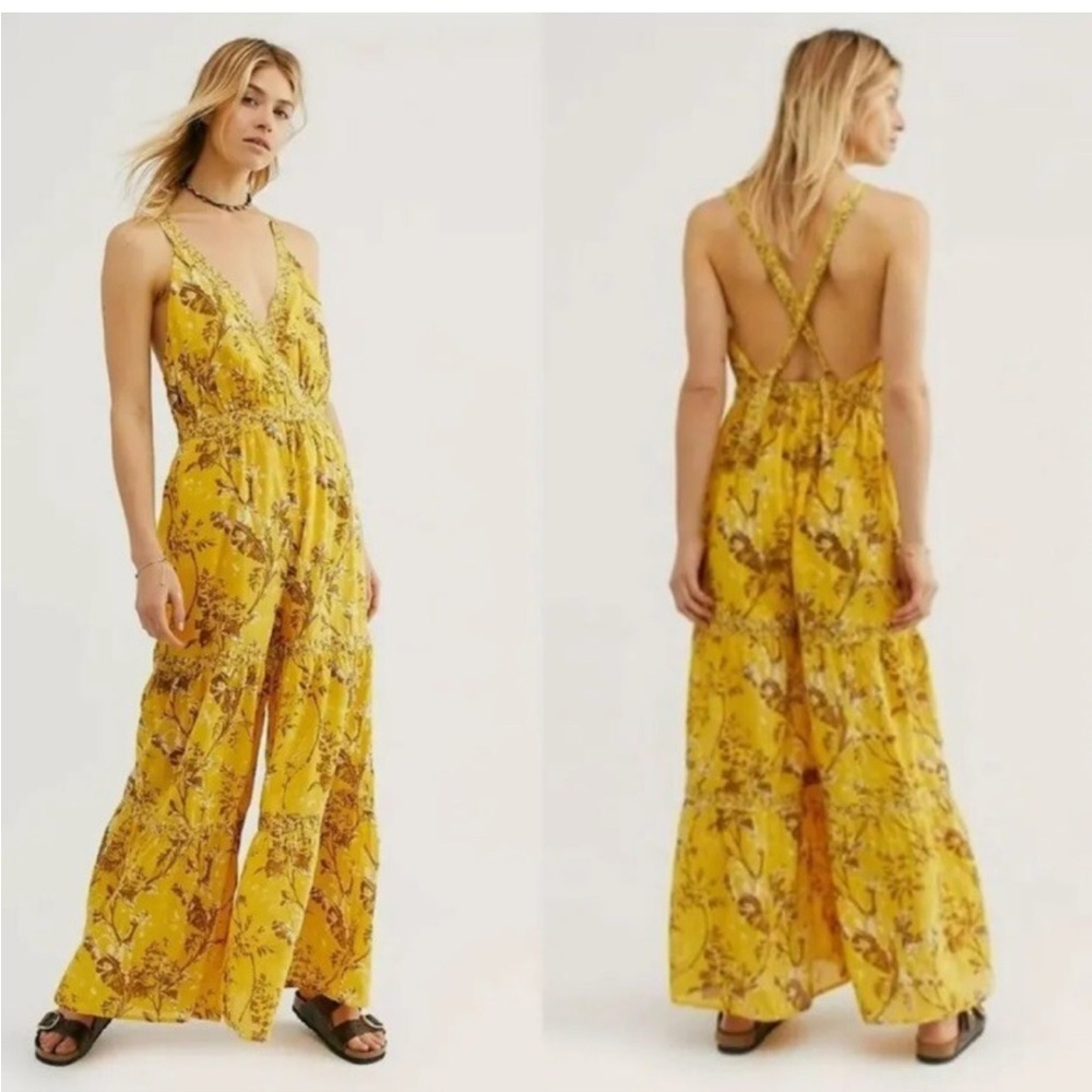 Free People Yellow and Orange Bohemian Jumpsuit